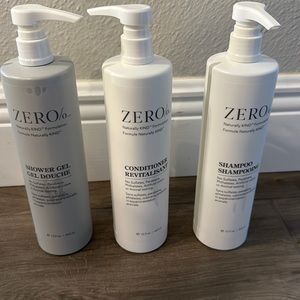 Zero % shampoo conditioner body wash bundle
Three brand new pump bottles